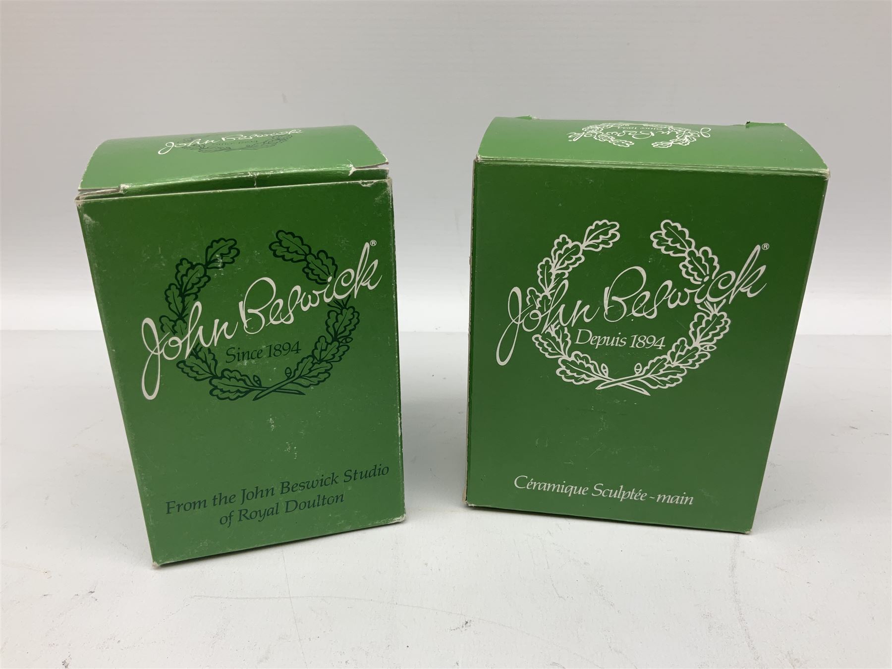 Collection of Beswick figures to include Beatrix Potter Squirrel Nutkin, Jemima Puddleduck, Spike and Tyke, Tom and Jerry, both boxed and with certificates, Chamois 1551 and Babycham 1615a (a/f) Beswick Ware Royal Douton Peter Rabbit and Benjamin Bunny, with certificate
(9)
