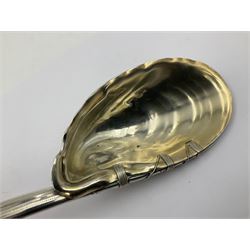 Mid/late 19th century Gorham silver serving spoon, circa 1863-1890, the bowl modelled as an oyster shell with silver gilt interior, affixed to the bamboo handle with silver twine, the bowl with marks for Gorham and impressed Sterling 330, L26.5cm
