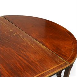 19th century and later mahogany extending dining table (12' 7’'), two D-ends, central drop-leaf table and two additional leaves, with satinwood bands, on square supports with block feet (lacking forks)