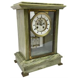 Henry Marc - Early 20th century 8-day French art deco mantle clock c1910, in a green mottled marble case with a stepped flat top and deep moulded plinth, brass framed bevelled front and rear glass doors, two part enamel dial with a visible Brocot deadbeat escapement and pendulum regulation, steel moon hands and Roman numerals, Parisian twin train rack striking movement with a visible twin file mercury pendulum, striking the hours and half-hours on a bell.