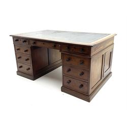 Victorian mahogany pedestal desk, leather inset top fitted with three drawers, pedestal supports fitted with three graduating drawers and single cupboard door