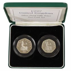 Nine world silver coins or sets, including The Royal Mint United Kingdom 1977 silver proof fifty pence two coin set, 1977 'Silver Jubilee' silver proof crown, USA 2014 'National Baseball Hall of Fame' silver dollar, Australia 2007 '75th Anniversary of the Sydney Harbour Bridge' one dollar fine silver coin, etc, together with a Canada 1975 one dollar, mostly cased with certificates