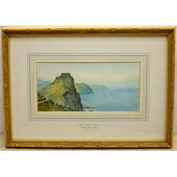  Thomas Hart (British 1830-1916): 'Castle Rock, Lynton', watercolour signed, titled on the mount, Geoffrey H Douthwaite (British 20th century): Scarborough Harbour, watercolour signed, and a drypoint etching of Chester indiscinctly signed in pencil, max 33cm x 47cm (3)  