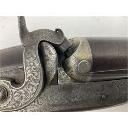 19th century John Jefferson of Scarborough 6-bore (modern 4-bore) double barrel side-by-side percussion gun, with 81cm stub twist damascus barrels (no provision for ramrod), well figured walnut stock with fine chequered grip and fore-end with horn tip and steel butt plate with long tang, well engraved lock and hammers with half-cock safeties on both sides, barrel sling swivel but rear sling swivel removed and replaced with silver escutcheon, London proofmarks, NVN, L128cm