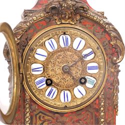 19th century,  French Boulle style mantel clock, drum movement, with a simulated scarlet tortoise shell, gilt brass dial inscribed with Roman numerals upon enamel lozenges, H30cm