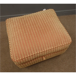 Upholstered footstool, hinged lid, upholstered in red and gold fabric, turned supports on castors, W65cm, H51cm, D54cm  