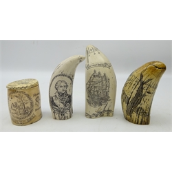  Three reproduction Scrimshaw models and matching tobacco jar, H15cm (4)  