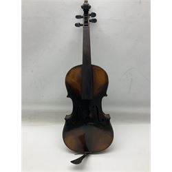 Two German violins c1890 for completion - one bearing a Stradivarius label, the other a Ruggeri label; both in carrying cases (2)