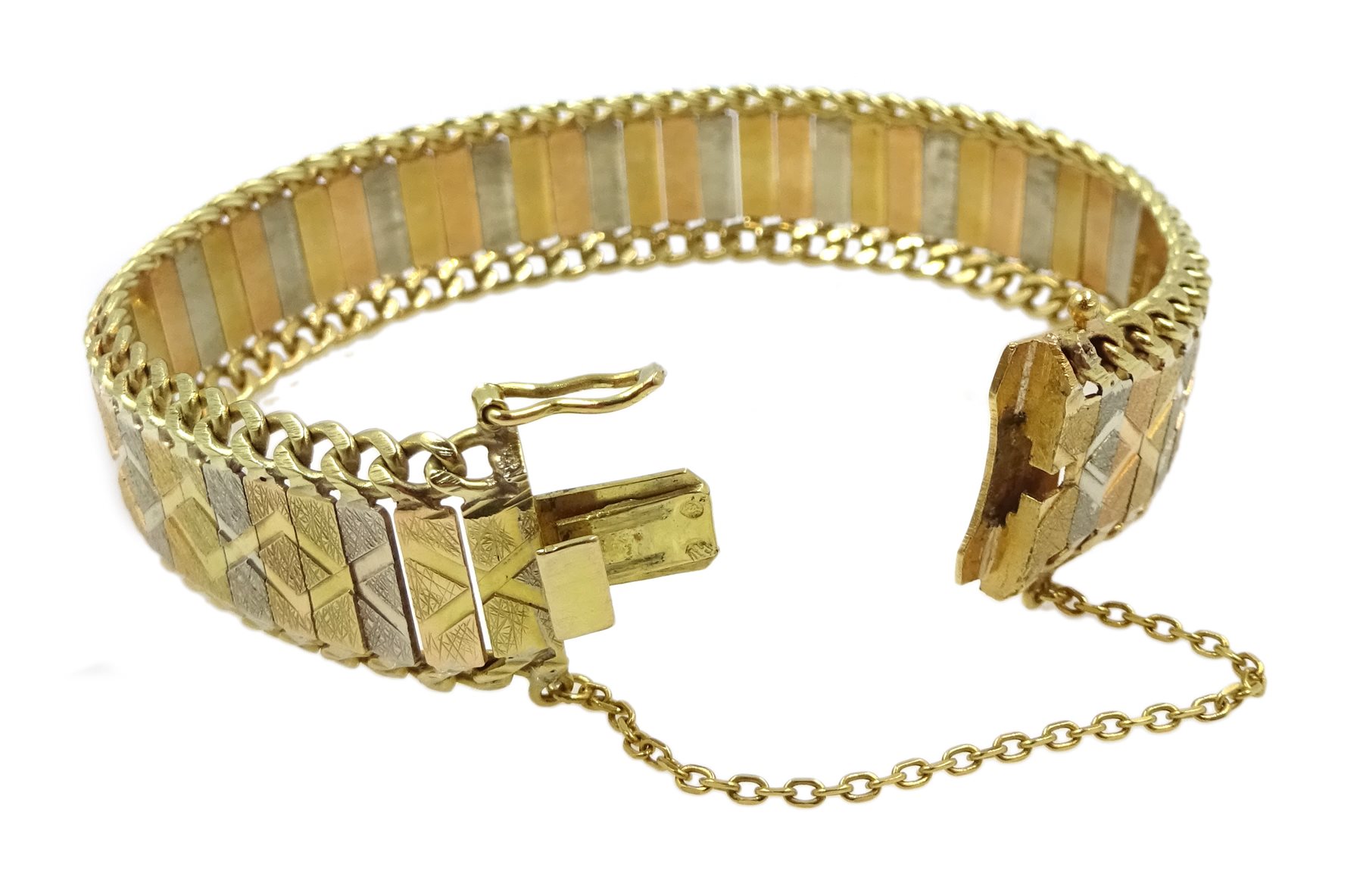 18ct white, rose and yellow gold link bracelet, approx 34.3gm 