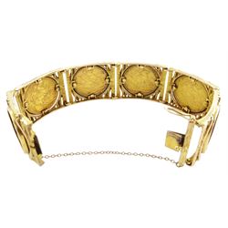 Gold sovereign bracelet, six gold full sovereign coins dated 1872, 1890 (Sydney mint), 1899, 1910 (Perth mint), 1912 and 1925 (South Africa mint), loose mounted in 9ct gold bracelet, hallmarked