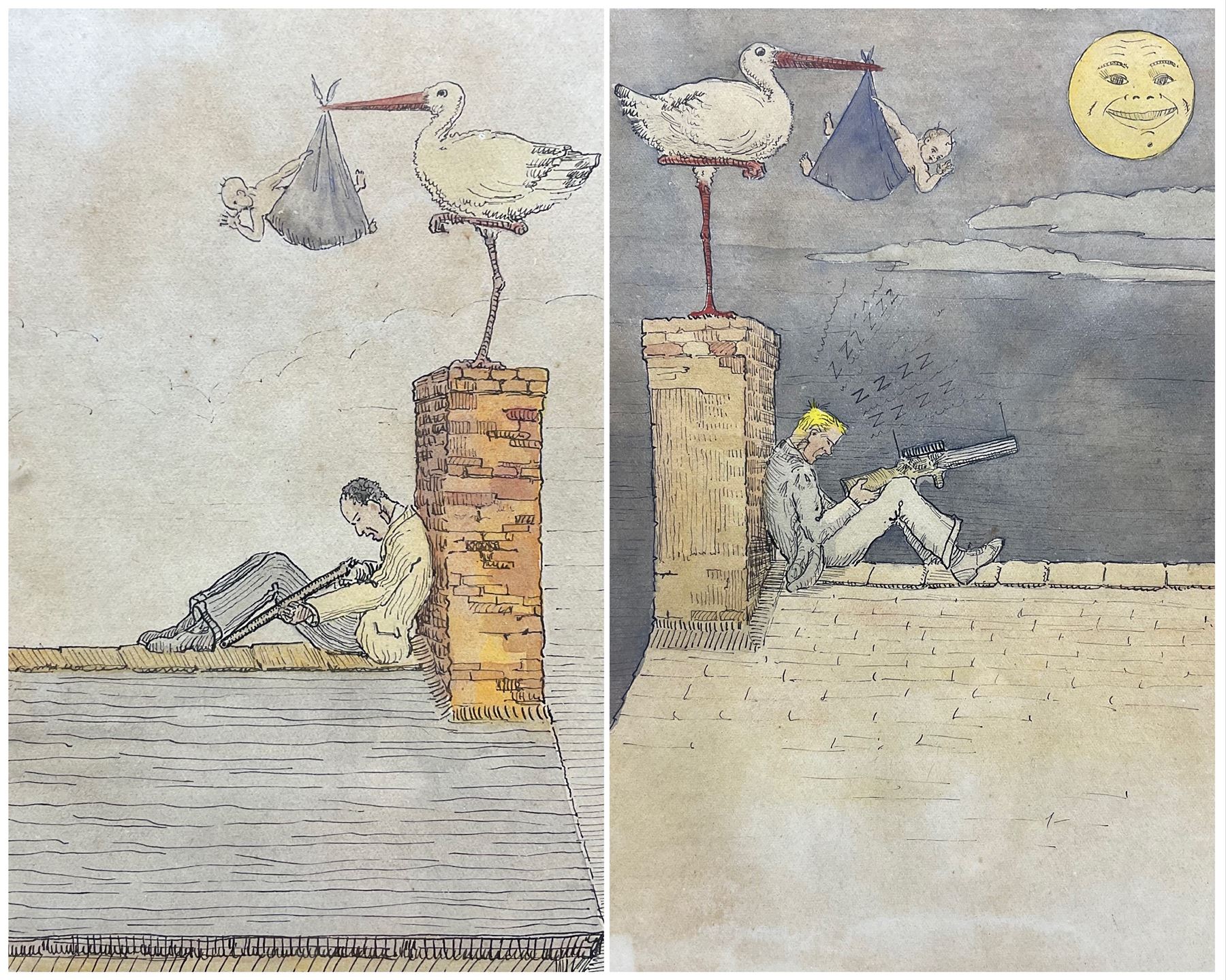 Ronald Fry (British Early 20th century): Storks Delivering Babies on Rooftop, pair cartoon pen and ink sketches signed and dated '36 max 25cm x 16cm (2)