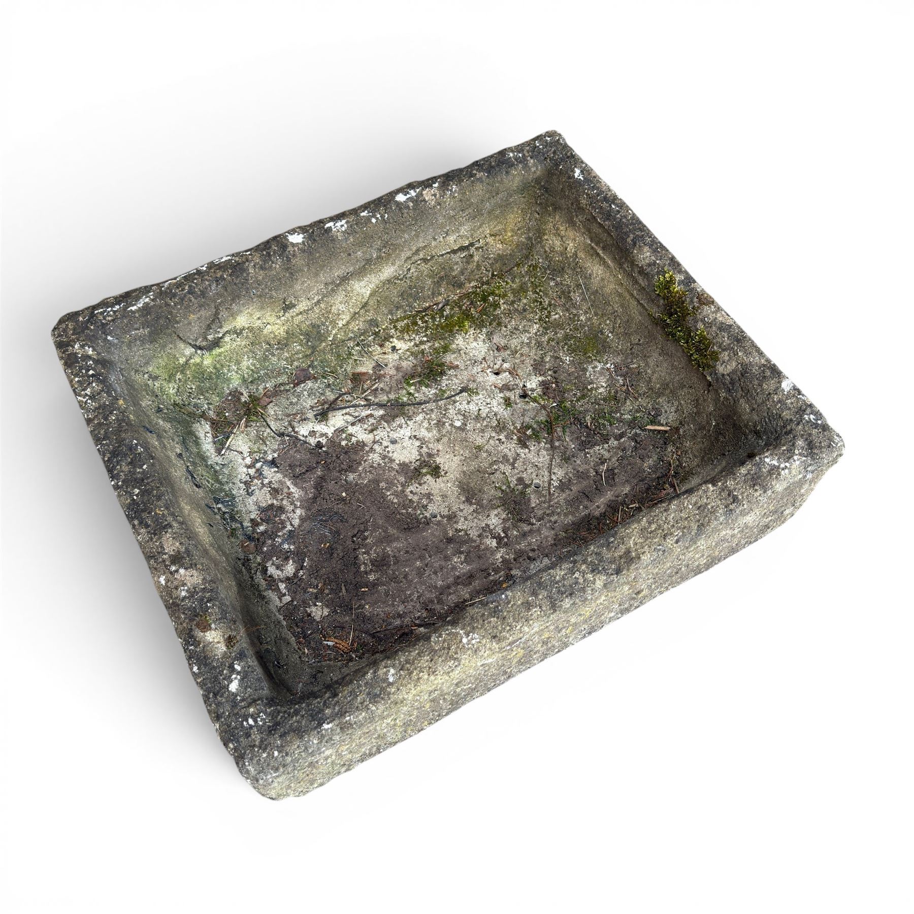 Three weathered composite stone rectangular planters, shallow form