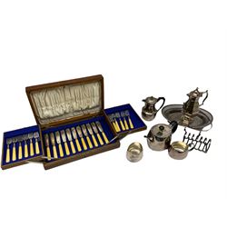 Walker & Hall tea set, consisting of teapot, milk jug and sucrier, together with a Presto fold out box canteen with set of fish cutlery, and other silver plate 