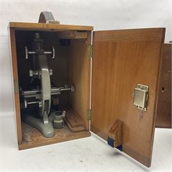 Four microscopes, including Cooke, Troughton & Simms no M467926, W Watson & Sons no 114758, W & J George & Beck Ltd no 36649 and one other 