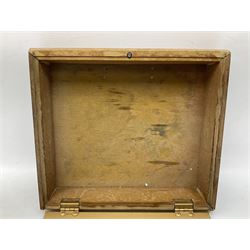 Benson and Hedges countertop glazed display cabinet, the glass hinged lid with white labelling of various cigarettes and cigars, the gilded metal bands with black lettering, W38cm D33cm H8cm