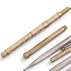 Propelling pen/pencil in gilt metal embossed case, Yard o Lette silver pencil,  silver bridge marker, two other silver pencils and two rolled gold pencils