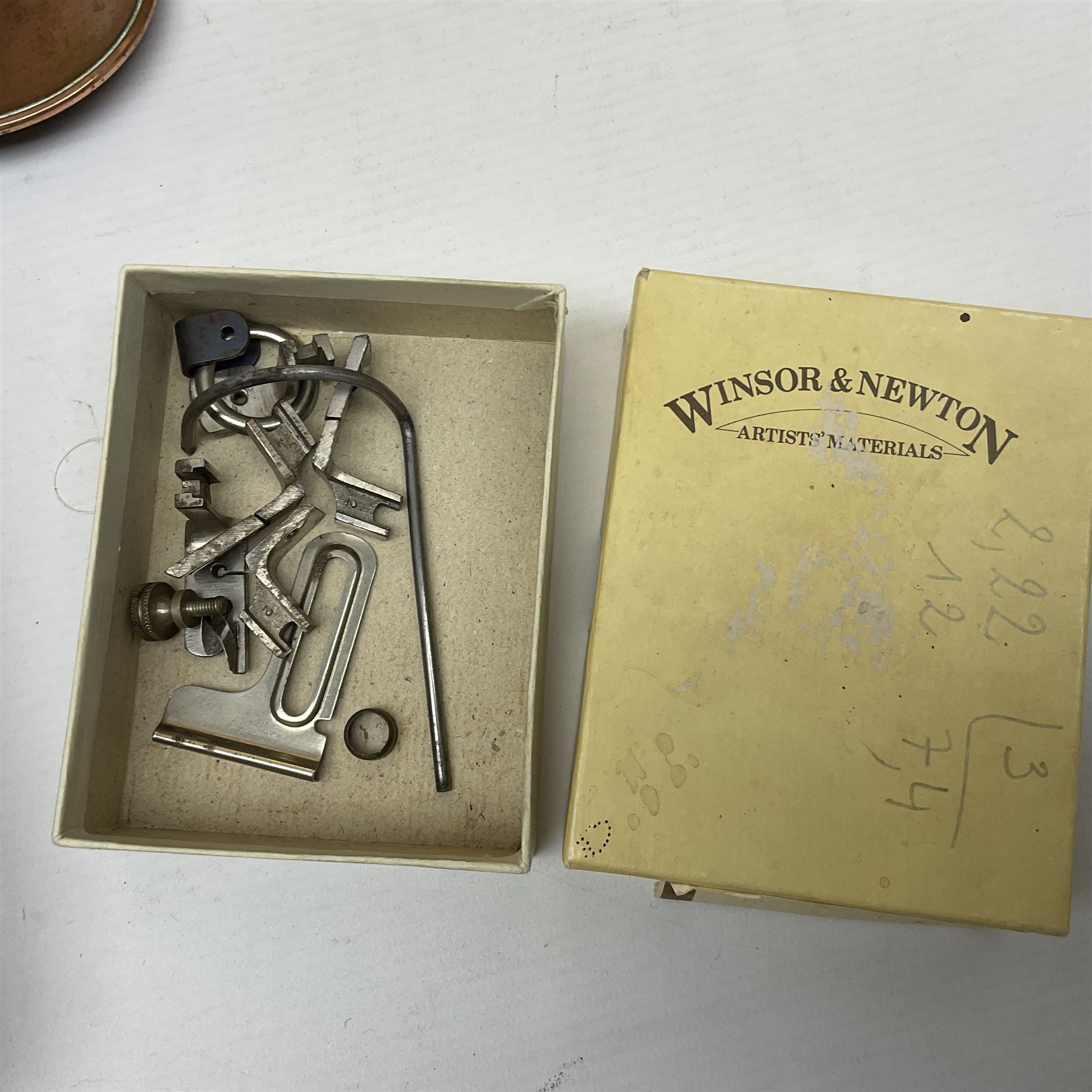 Cased sewing machine, together with bed warmer and copper hunting horn