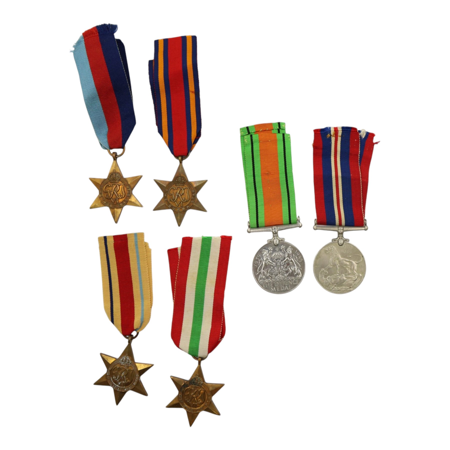 WWII British medals, comprising War medal, Defence medal, 1939-1945 Star, Burma Star, France and Germany Star, Italy Star and Africa Star 