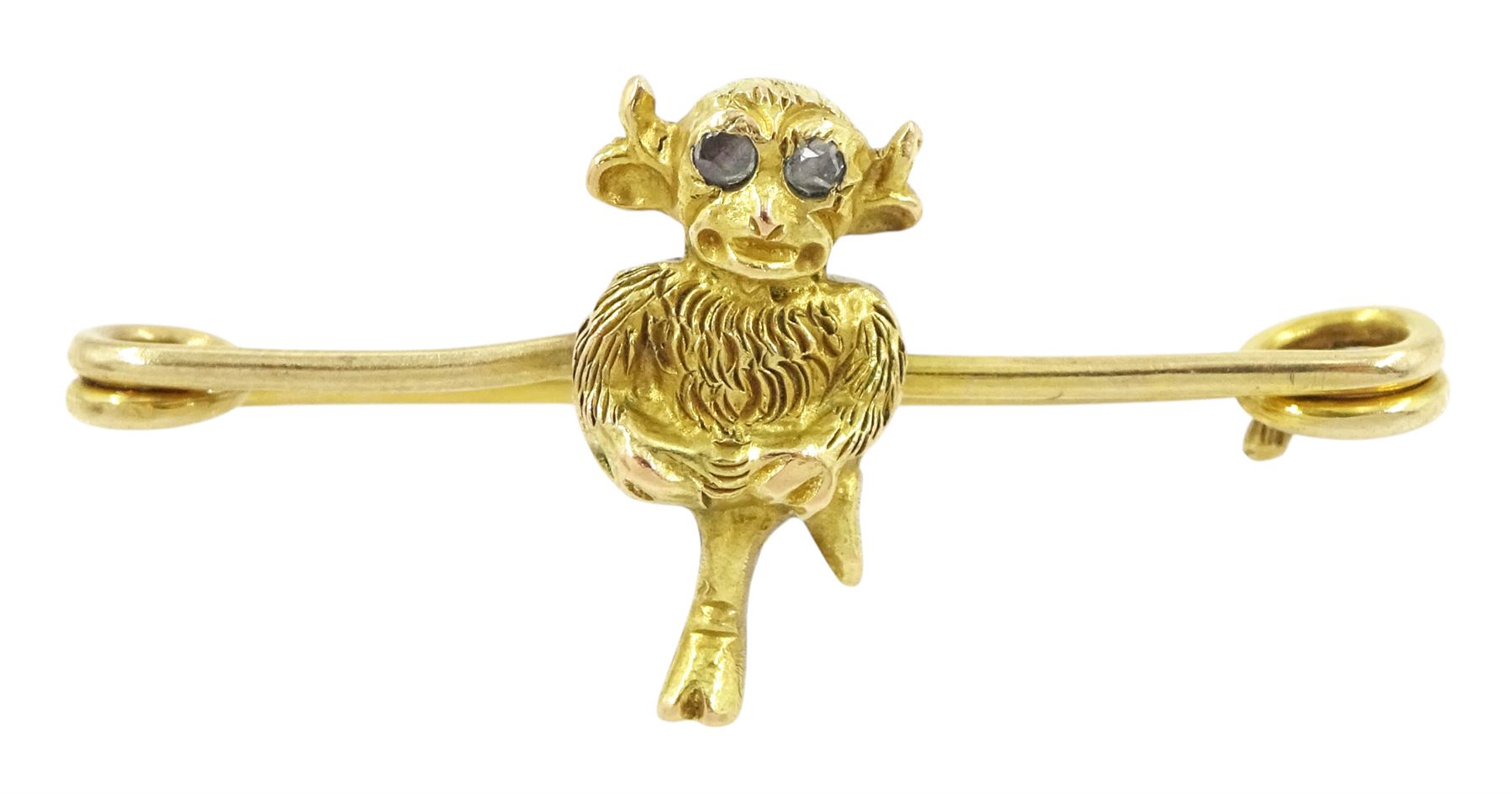 19th / early 20th century 15ct gold Lincoln Imp, with rose cut diamond set eyes, on 9ct gold brooch, both stamped