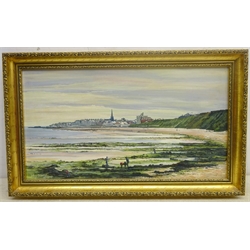 Hilary Johnson (British 20th century): Rock Pooling at Bridlington, oil on board signed, and Michael Major (British 20th century): Bathing Machines on the South Bay Scarborough, oil on canvas signed and dated '82, 35cm x 98cm