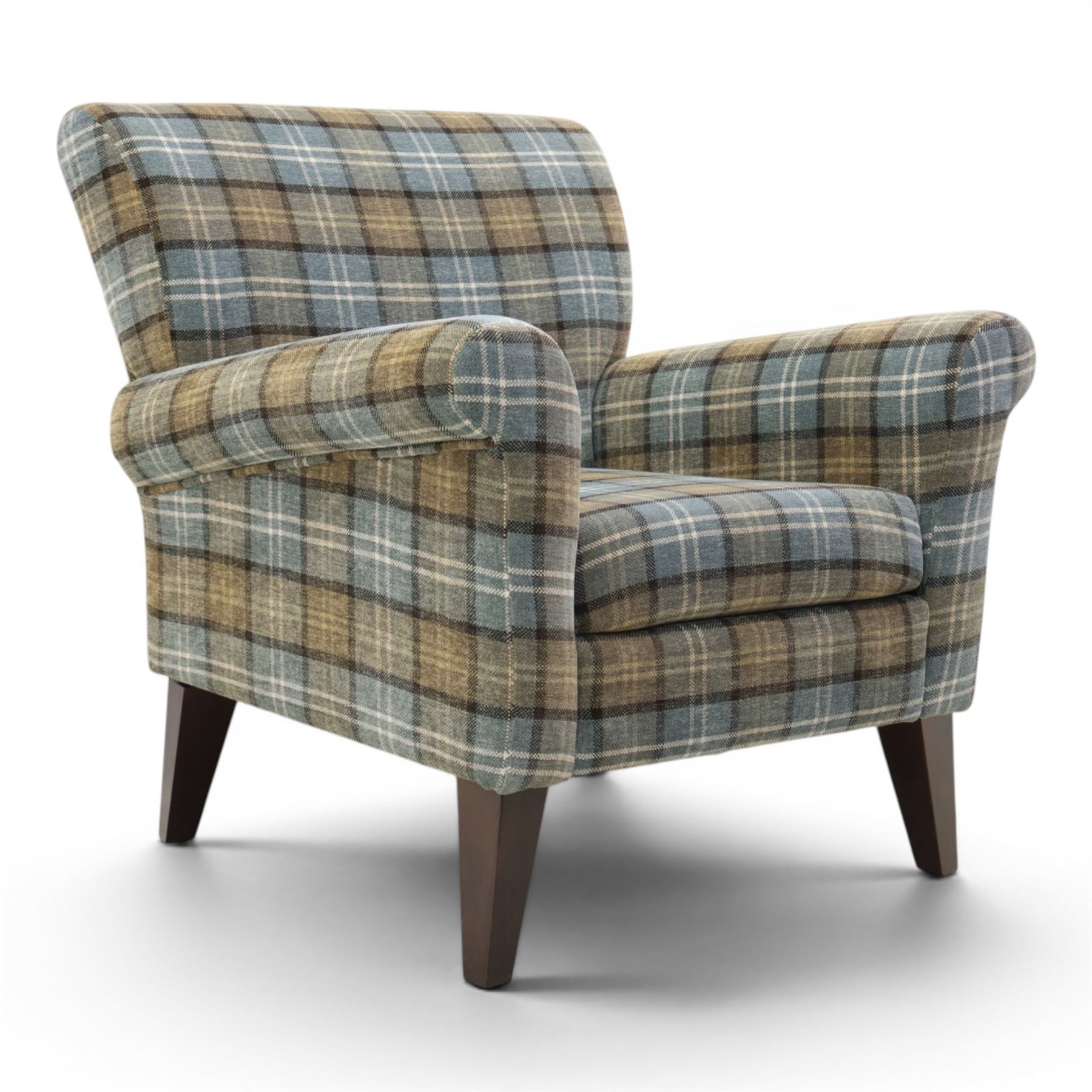 Contemporary armchair, upholstered in blue chequered fabric, dark stained square tapered supports