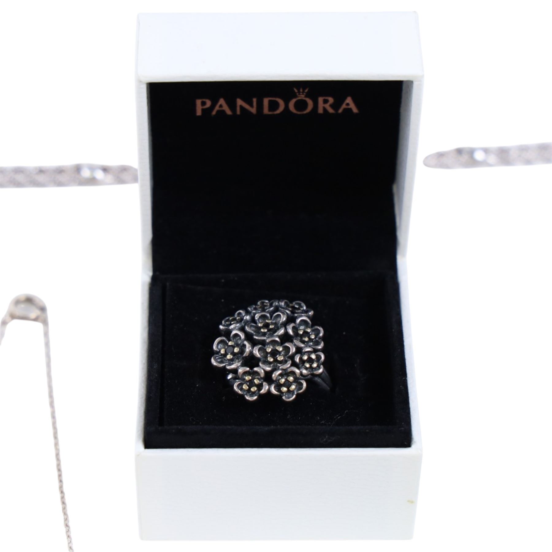 Jade bangle and carving, silver Pandora Forever Bloom ring, silver paste buckle and costume jewellery
