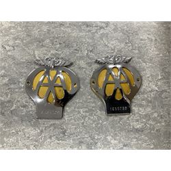 Two AA badges, together with collection of stamps and Smiths mantel clock etc in two boxes 