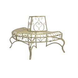 Regency design white finish metal demi-lune half tree bench, strap seat, the back and apron with scrollwork decoration, raised on cabriole supports