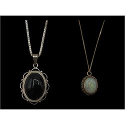 9ct gold opal pendant necklace, 9ct gold paste ring and a pair of silver Whitby jet earrings