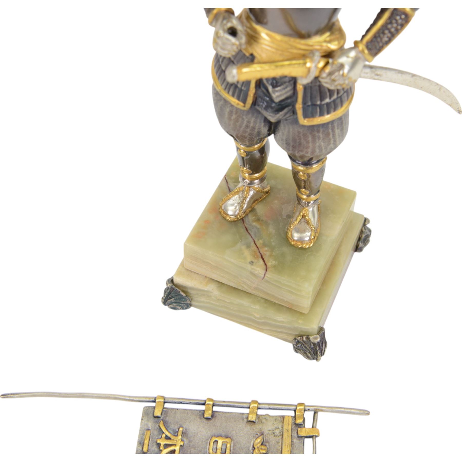 Italian limited edition silvered and gilt bronze figure of a Samurai warrior, with sword and flag, signed Giuseppe Vasari, no. 11/400,  upon an green stepped onyx base H25cm