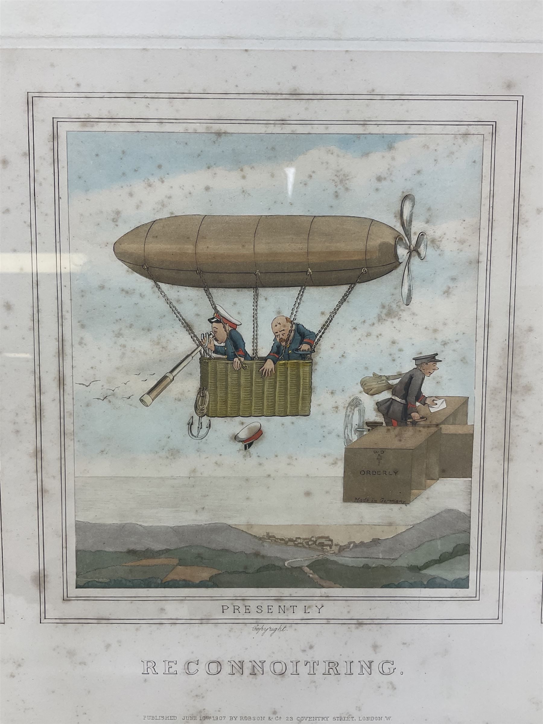 Early 20th century humorous military colour print entitled 'Reconnoitring' depicting three titled images 'Past', 'Presently' and 'Present'; published 1907 and signed on the mount by the artist C.S. Collison 38 x 73cm; Hogarth style frame
