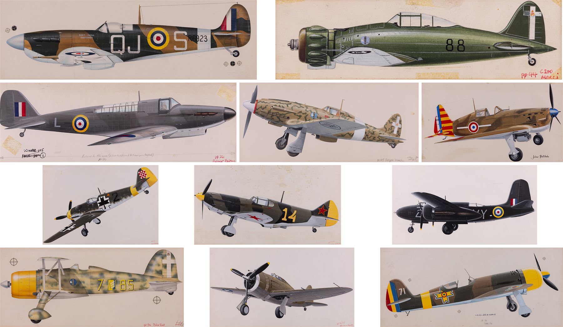 John Batchelor (British 1936-2019): Aircraft Studies, set of eleven gouaches variously signed and inscribed, max 35cm x 52cm (11)