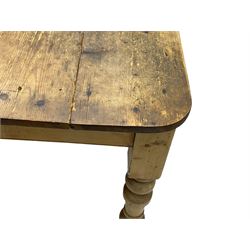 Victorian pine farmhouse dining table, rectangular plank top with rounded corners, on turned supports 