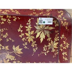 Early 19th century red lacquered papier-mâché tray by Clay of King Street Covent Garden, of rounded rectangular form, painted in gilt with large foliate sprays and butterflies, impressed verso CLAY KING ST COVENT GARDEN, W66.5cm D48.5cm