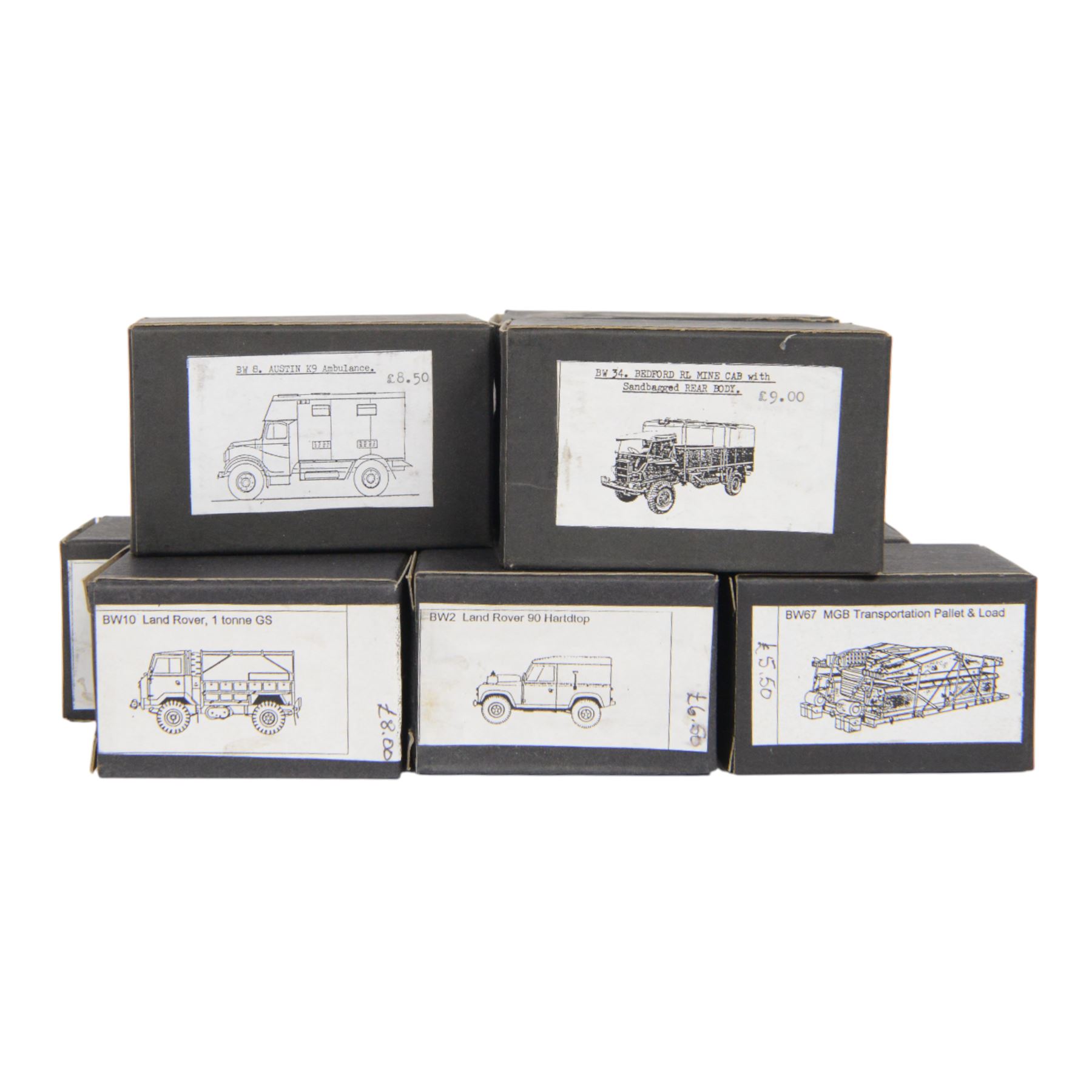 Twenty-eight BW Models 1:76 white metal model kits, including BW3 Land Rover 110 GS, BW67 MGB Transportation Pallet, BW35 Saxon Armoured Personnel Carrier, BW30 Alvis Salamander Tender, BW32 Humber Armoured Truck, BW8 Austin K9 Ambulance and BW9 Austin Tramp, all boxed, with nine load and trailer kits, all in bags (37)