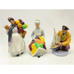  Three Royal Doulton figures comprising 'Biddy Pennyfarthing' HN1843, 'Eventide' HN2814 and 'Sailor's Holiday' HN2442, tallest 21cm  