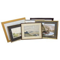 G A Townsend (British 20th century) 'The Trout Inn', watercolor signed and dated; M C W (British 20th century) The Wolds watercolor signed and dates, together with another watercolour and three landscape prints