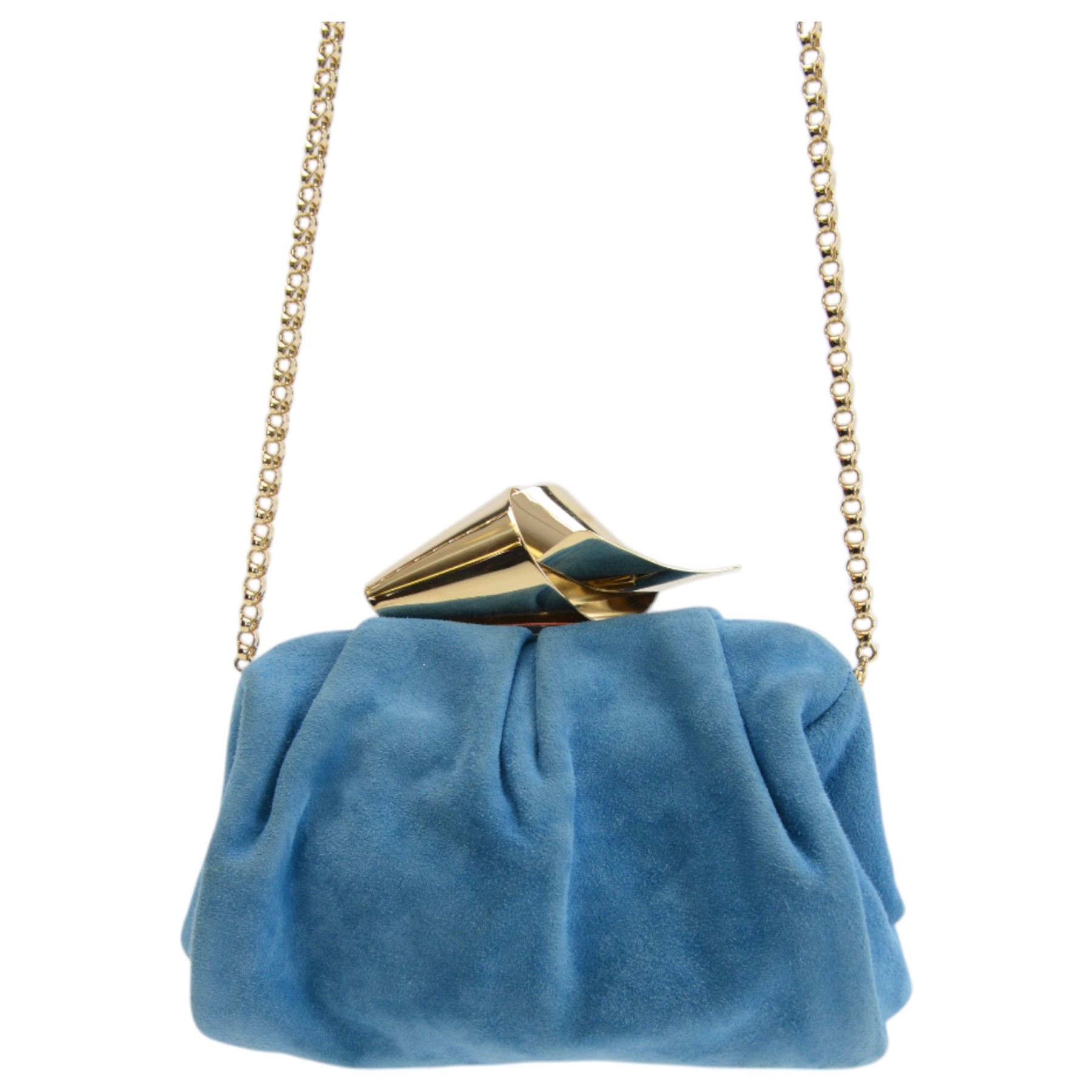 Jimmy Choo 'Cara Sue 164' handbag, with pleated suede body in 'Robot Blue' colourway, with gold tone chain shoulder strap and bow clasp, the leather interior with slip pocket, in Jimmy Choo dust bag with certificate of authenticity, H16cm, w18cm