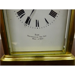  Small brass lantern clock with Smiths unadjusted 7 jewel movement, H26cm and a French brass Carriage timepiece, white Roman dial inscribed King, Saltburn by the Sea, H15cm (2)  