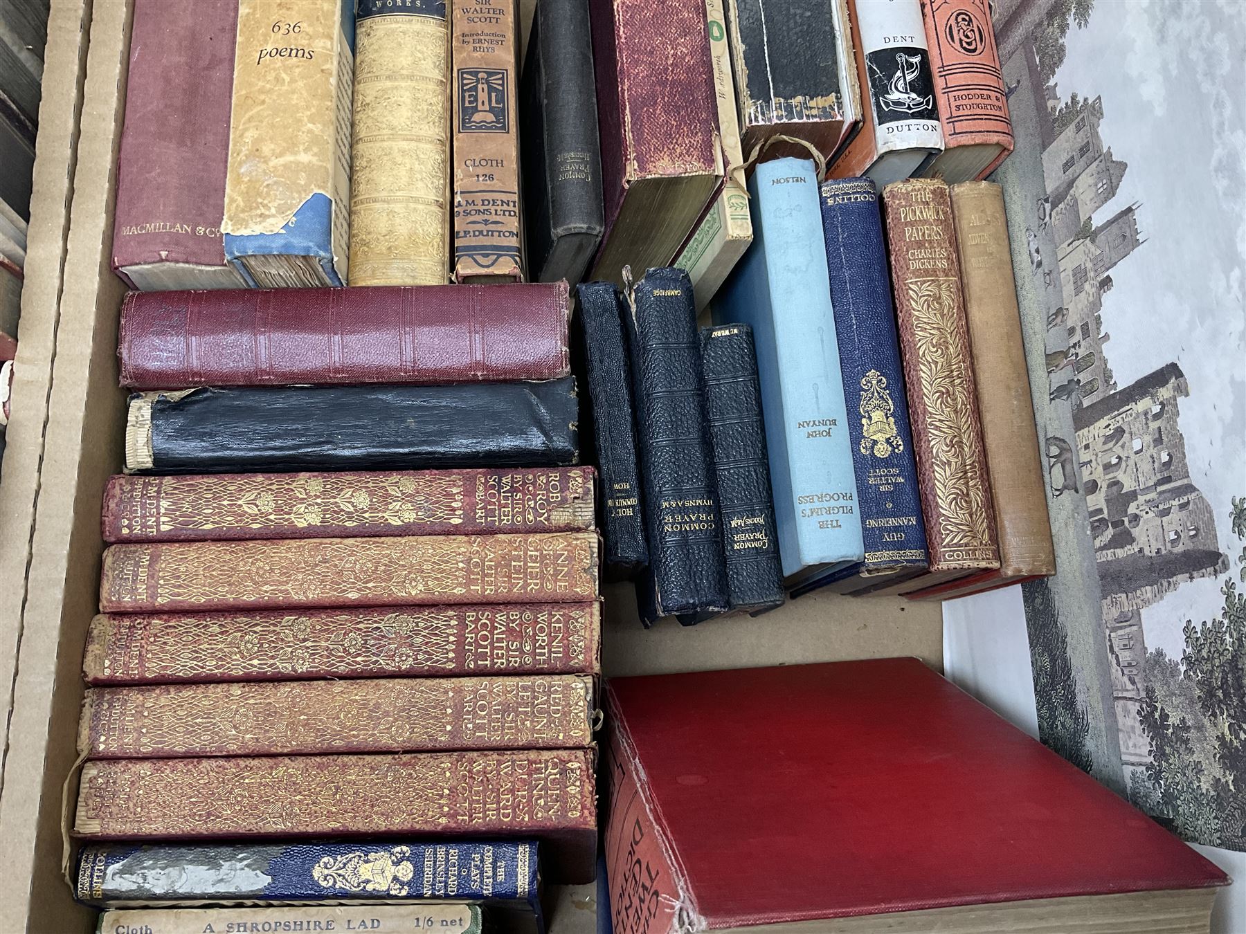 Collection of books to include Byron's Works, Hogarth's work, ten volumes by Sir Walter Scott Bart etc, in two boxes 