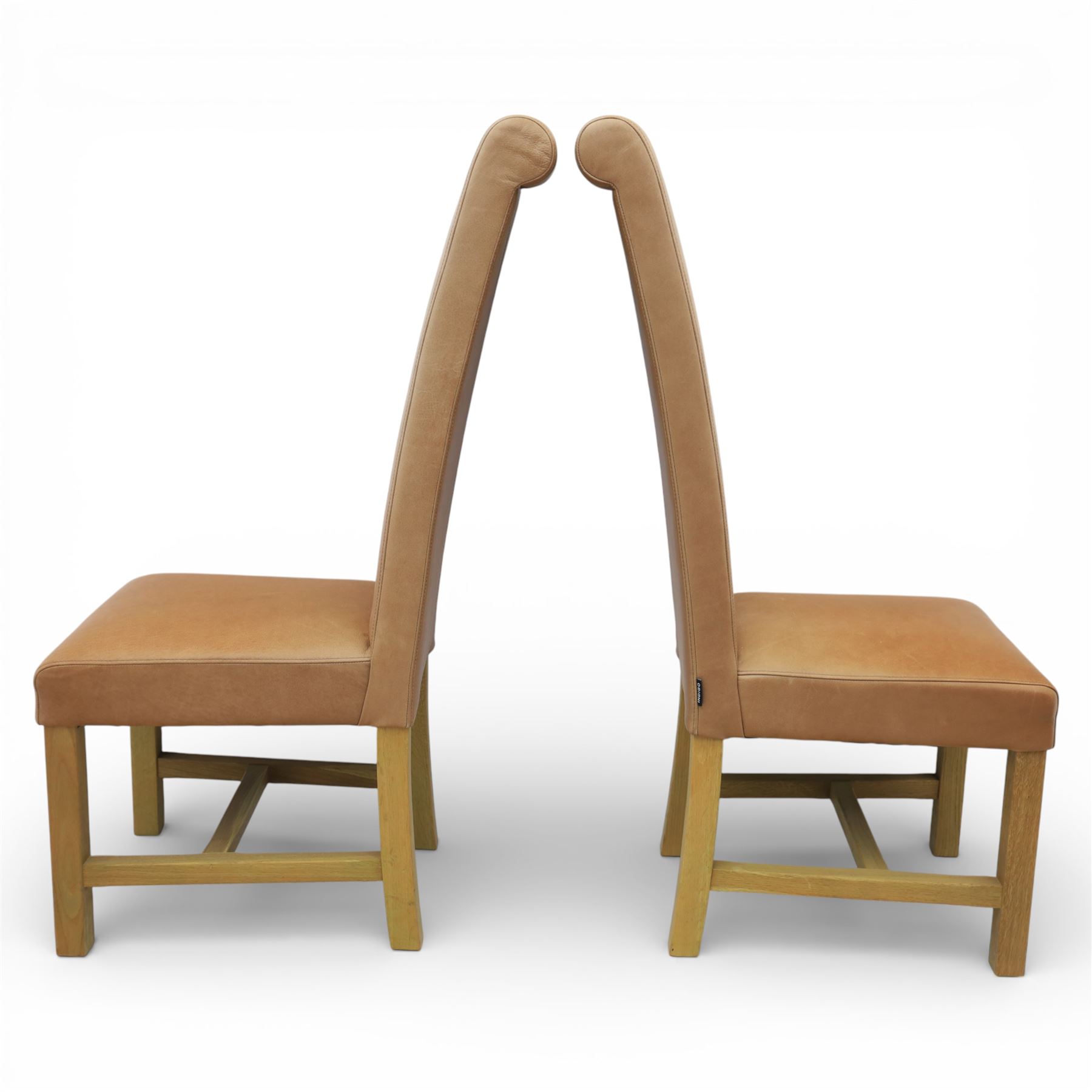 Modern large oak plank top dining table and twelve brown leather high back chairs, table of rustic construction five solid planks with exposed supports, the chairs in brown leather hide with ten standard height and a pair of taller chairs for the foot and head of the table