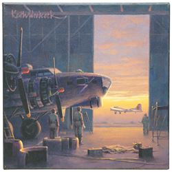 Keith Woodcock (British Contemporary): Dawn take-off 1945 - American B-17, oil on canvas signed, titled verso 30cm x 30cm