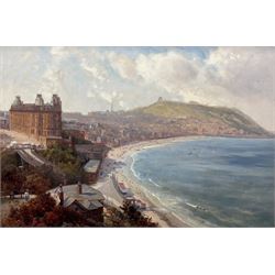 English School (Late 20th century): Overlooking the Grand Hotel and South Bay Scarborough c.1900, oil on board unsigned 31cm x 47cm