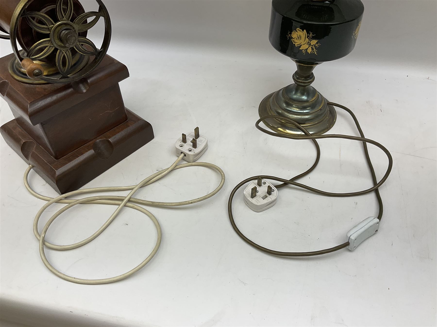 Table lamp and shade in the form of a vintage coffee grinder, together with a converted oil lamp, tallest example H94cm 