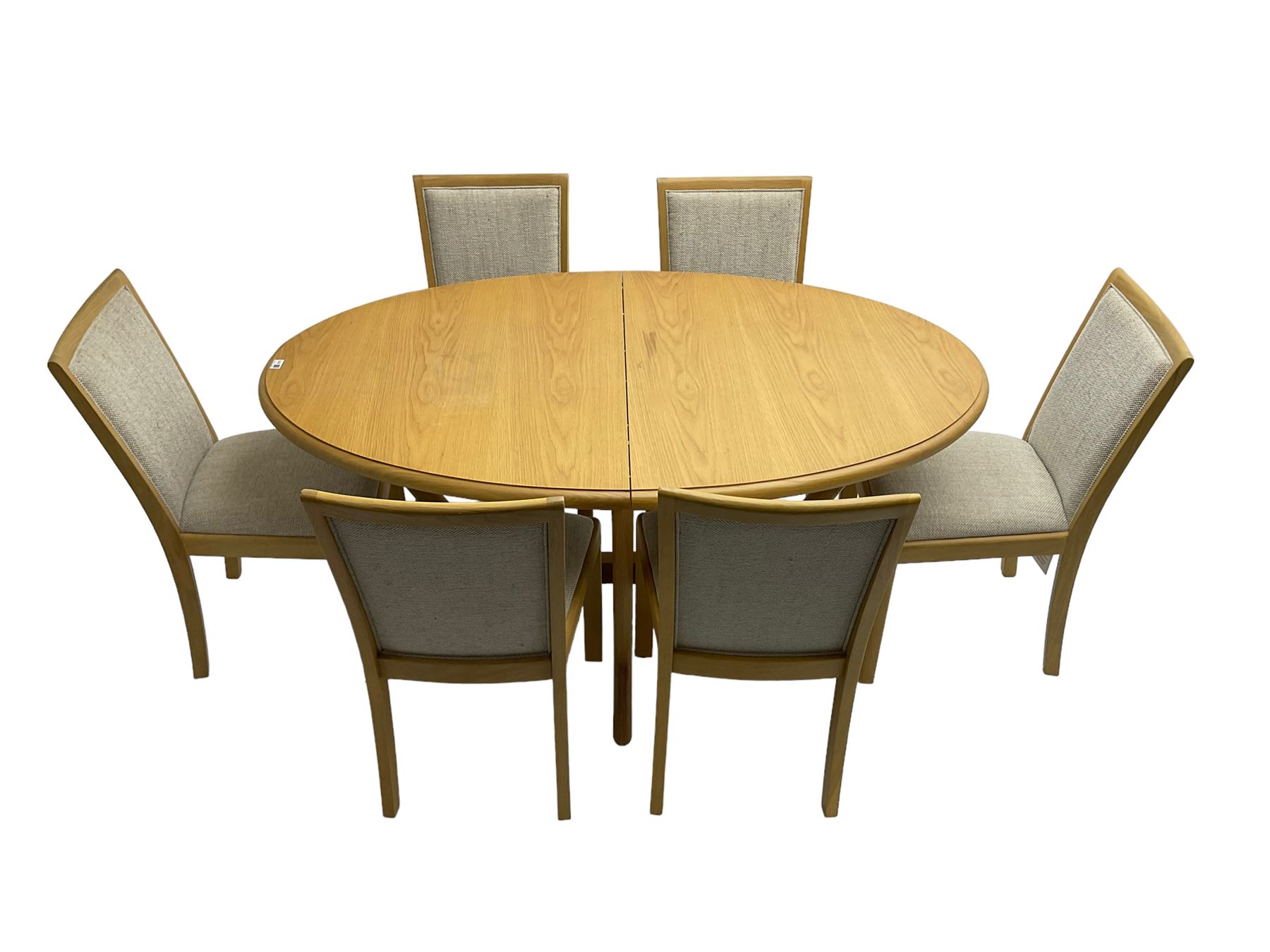 Contemporary light oak oval extending dining table, shaped Xframe base