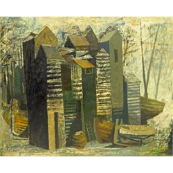  Hans Tisdall (British 1910-1997): Harbourside Buildings, oil on canvas signed 40cm x 50cm (unframed)  DDS - Artist's resale rights may apply to this lot    