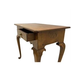 Queen Anne style figured walnut lowboy, moulded rectangular top with band,  over shaped apron fitted with two drawers, on cabriole supports