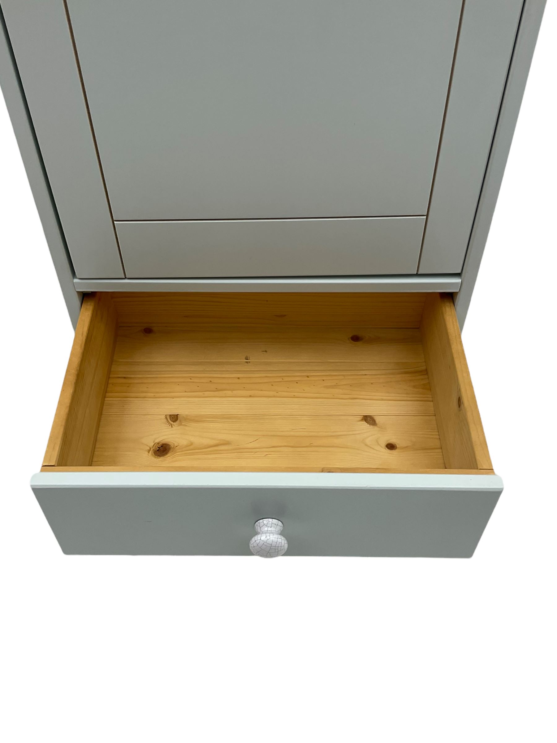Single wardrobe cupboard, with drawer, finished in duck egg blue with oak cornice