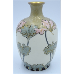  Art Nouveau Ernst Wahliss for Turn Vienna porcelain vase, the body decorated with stylized  parrot tulips on plain ground below a gilded pale blue ground panel, H15cm   