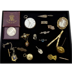  Victorian silver pocket watch by C Lyon Bridlington, case by John Williams, London 1854, Victorian gold mounted and split pearl hair brooch, one other gold mounted hair brooch, Victorian and later silver brooches and paperclip, Victorian 1890 silver crown and other jewellery including compass  